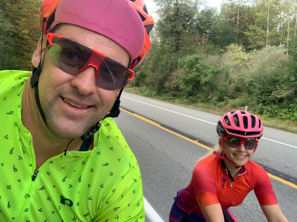 Selfie with Rob Lea with Caroline Gleich riding bikes.