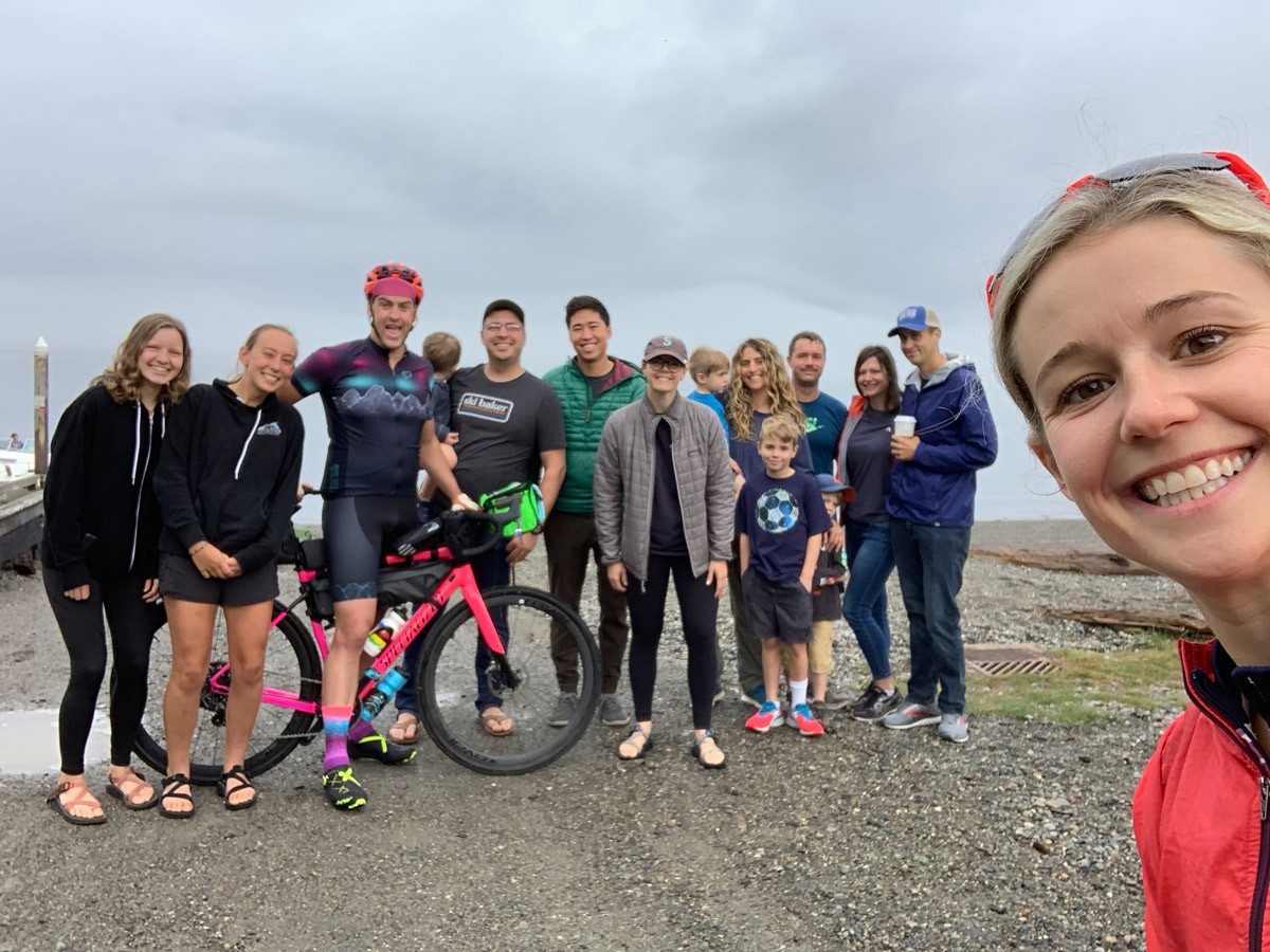 Rob Lea with crowd that came to see him off on his Ride Across America.